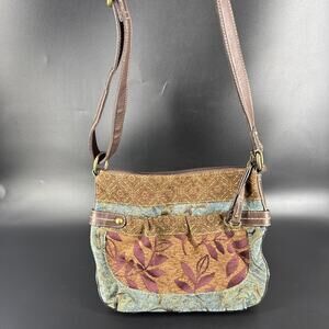 Vintage Fossil Tapestry Brown Purple & Blue Crossbody Purse Bag Leather Trim